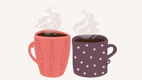 Two cozy mugs of steaming hot coffee or tea on a light background. Stock Footage 323438566