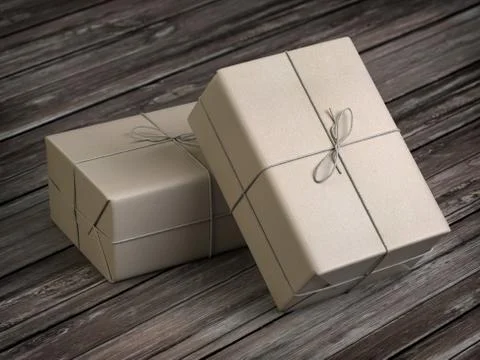 Two craft paper gift boxes on wooden table. Delivery copncept. Illustrazione stock