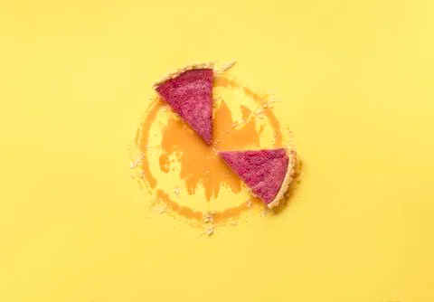 Two cranberry pie slices on yellow backdrop. Last two pie pieces Stock Photos