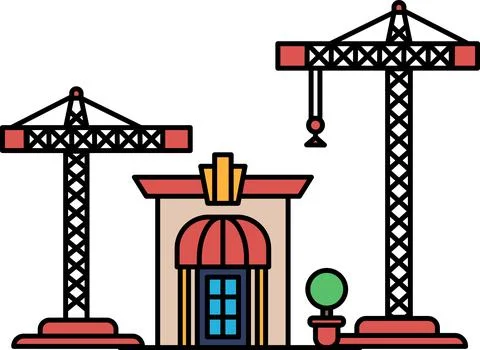 Two cranes are in front of a building Ilustración de archivo