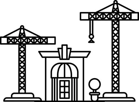 Two cranes are in front of a building Ilustración de archivo