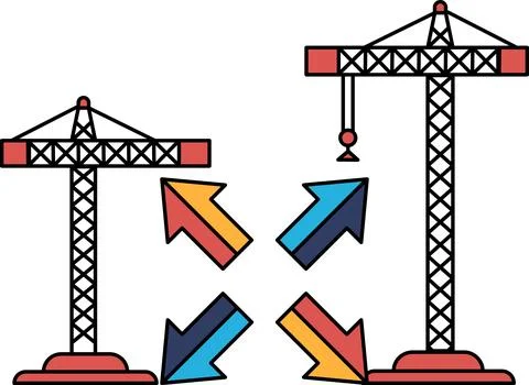 Two cranes are shown with arrows pointing in different directions Stock Illustration