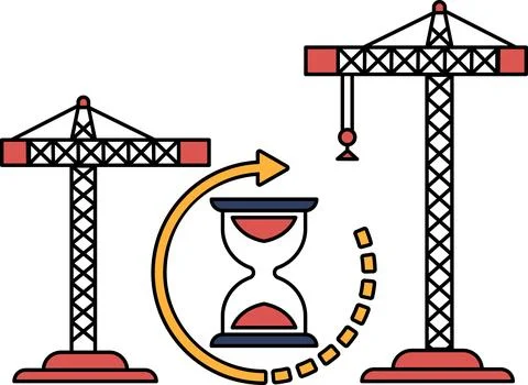 Two cranes are shown in the background, with a large clock in the foreground Stock Illustration