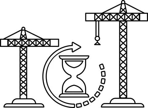 Two cranes are shown in the background, with a large clock in the foreground Stock Illustration