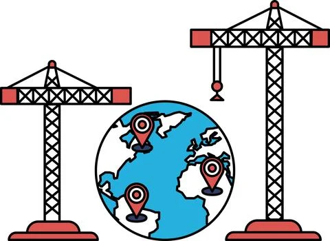 Two cranes are standing next to a globe with three dots on it Stock Illustration