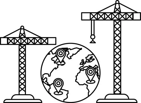 Two cranes are standing next to a globe with three dots on it Stock Illustration