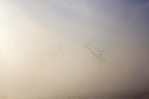 Two cranes in fog Stock Photos