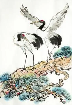 Two cranes on a pine branch Stock Illustration