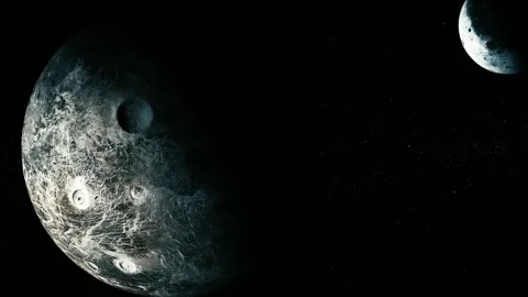 Two cratered moons floating in dark space, with a large detailed planet on .. Video stock 340388687
