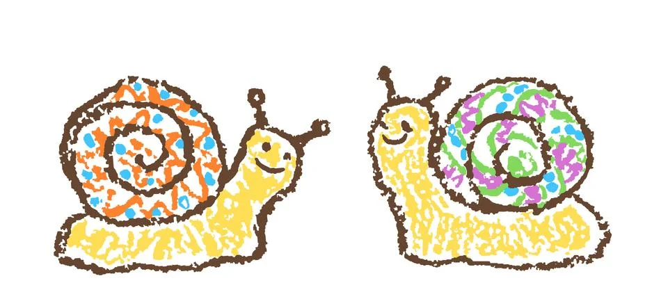 Two crazy smiling friendly snails. Crayon like kid`s hand drawn bright colorful Stock Illustration