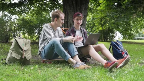 Two creative guys discussing a new project using a laptop outdoors on a lawn of Stock Footage 80632665