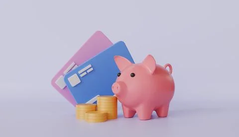 Two credit or debit cards, piggy bank and golden coins, Business, finance 库存插图