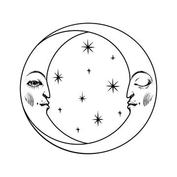 Two crescent moon with human face, rising and waning moonh, celestial icon Stock Illustration