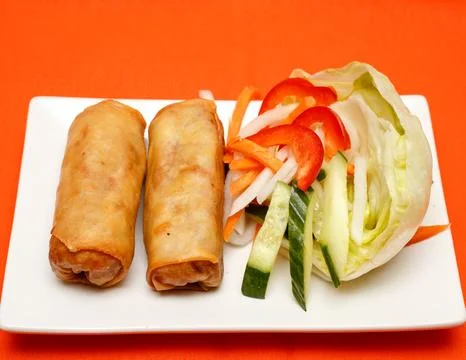 Two Crispy Asian Spring Rolls with Side Salad Stock Photos