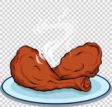 Two crispy chicken drumsticks are steaming atop blue plate in flat design, Stock Illustration