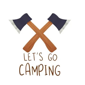 Two crossed axe camping equipment sticker with text Lets go camping vector Stock Illustration