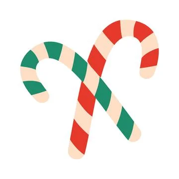 Two crossed candy canes with red, green, and pale beige diagonal stripes. F.. Ilustração Stock