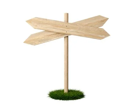Two crossed double sided empty, blank wooden arrow signs on green grass pat.. Stock Illustration