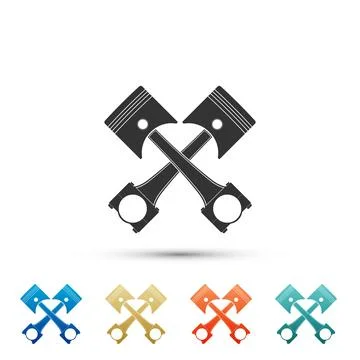 Two crossed engine pistons icon isolated on white background. Set elements in Stock Illustration