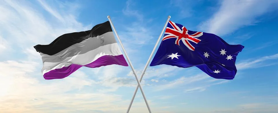 Two crossed flags asexuality Pride and Australia waving in wind at cloudy sky Stock Illustration