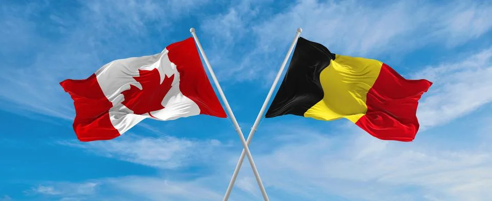 Two crossed flags canada and Belgium waving in wind at cloudy sky. Concept of Stock Illustration