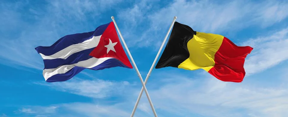 Two crossed flags Cuba and Belgium waving in wind at cloudy sky. Concept of r Stock Illustration