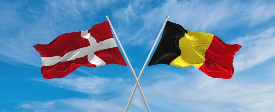 Two crossed flags denmark and Belgium waving in wind at cloudy sky. Concept o Stock Illustration
