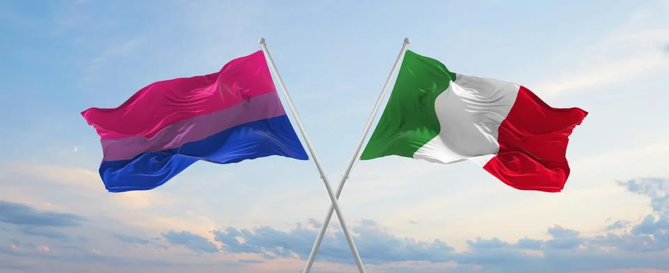 Two crossed flags isexuality Pride and Italy waving in wind at cloudy sky. Co Stock Illustration