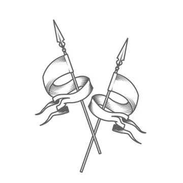 Two crossed heraldic flags, medieval style banners, royal pennant in engraved Stock Illustration