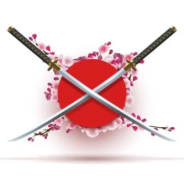 Two crossed katana on circle red background Stock Illustration