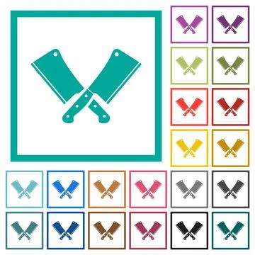 Two crossed meat cleavers flat color icons with quadrant frames Stock Illustration
