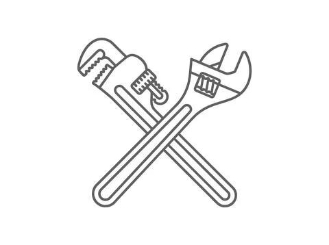 Two crossed plumbing wrenches, pipe wrench and adjustable wrench, depicted .. Illustrazione stock