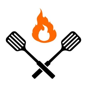 Two crossed spatulas and flame icon in flat style. Vector. Stock Illustration