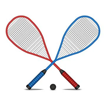 Two crossed squash rackets realistic 3d vector red and blue colors, and a b.. Illustrazione stock