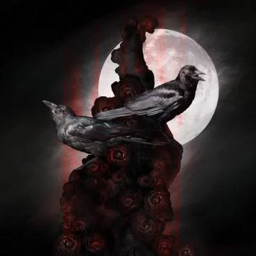 Two crows, ravens sitting on a dead tree with roses, dark, gothic romantic mood Stock Photos