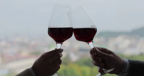 Two crystal glasses with wine against the background of the city. Video stock 319003997