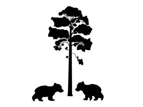 Two cub bears near tree silhouette animal Stock Illustration