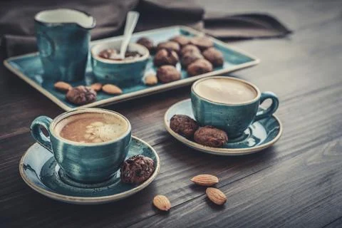 Two cup of coffee and with chocolate cookies Stock Photos