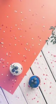 Two cupcakes on a table, top view 写真素材