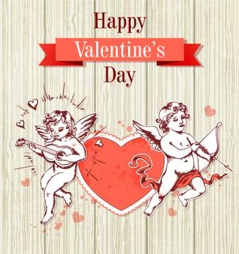 Two cupids and red heart Stock Illustration