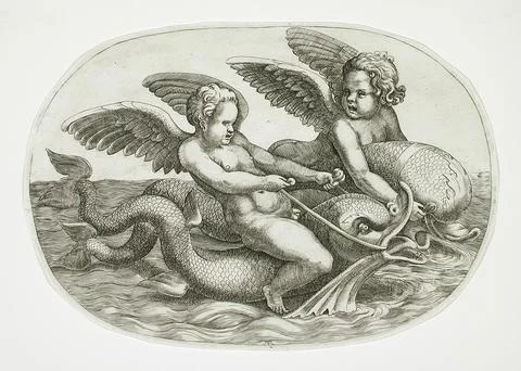 Two Cupids Riding a Dolphin. Adamo Scultori (Italy, Mantua, circa 1530-1585.. Stock Illustration