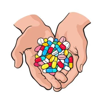 Two cupped hands holding handful, pile of colorful pills, medicine Stock Illustration
