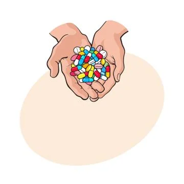 Two cupped hands holding handful, pile of colorful pills, medicine Stock Illustration