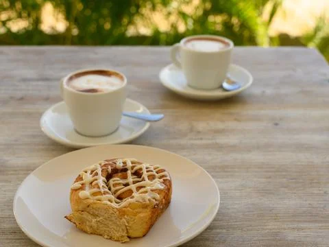 Two cups of black coffee with cake. Stock Photos