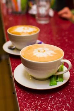 Two cups of cappuccino with a pattern of chamomile Stock Photos