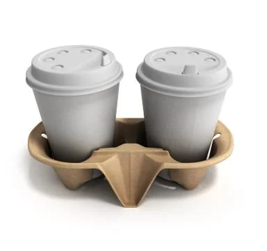 Two cups of coffee on a cardboard base 3d render on white イラスト素材