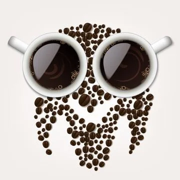 Two Cups of Coffee with Coffee Beans Forming An Owl Symbol, Vector Illustrati Stock Illustration