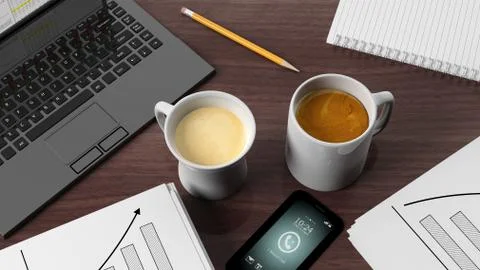 Two cups of coffee on desktop with office objects Stock Illustration