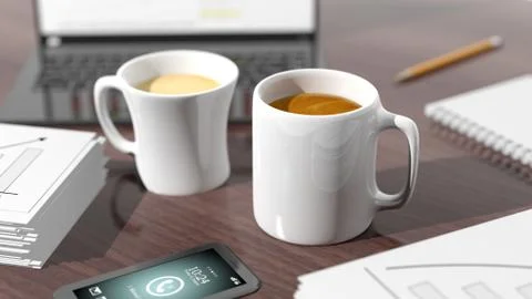 Two cups of coffee on desktop with office objects Stock Illustration