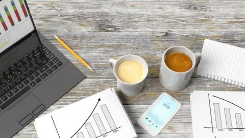 Two cups of coffee on desktop with office objects Stock Illustration